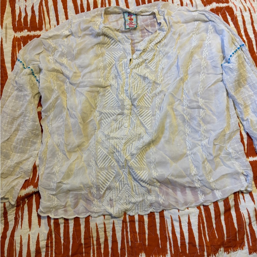 Johnny Was White Embroidered Button-Up Blouse